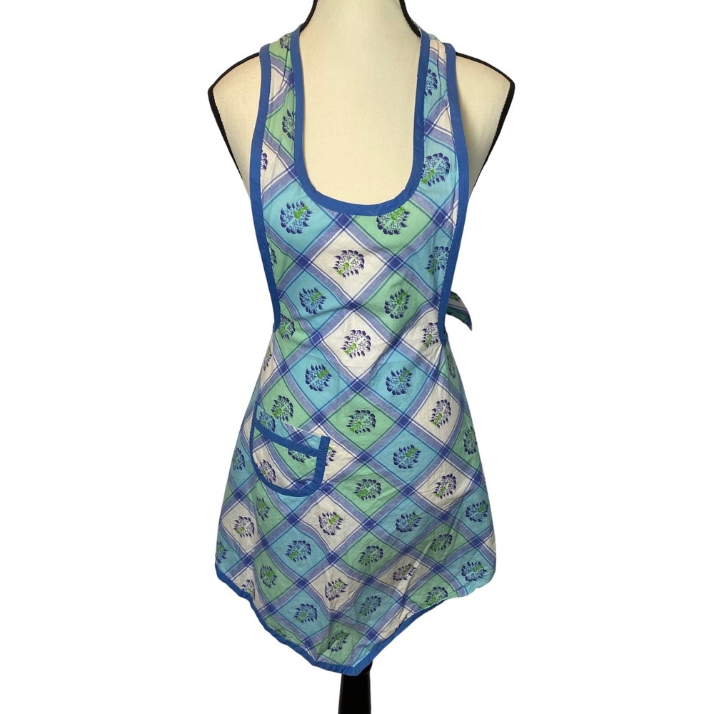 Handmade Vintage Apron Women Blue Green Plaid Floral Country Farmhouse Cottage